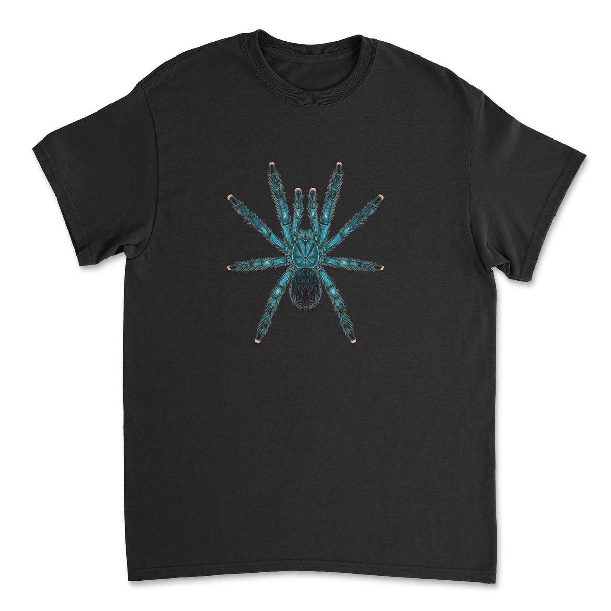Blue, green, and pinktoe tarantula art T-shirt featuring Avicularia geroldi design on a Gildan 5000 shirt.