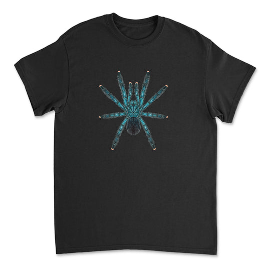 Blue, green, and pinktoe tarantula art T-shirt featuring Avicularia geroldi design on a Gildan 5000 shirt.