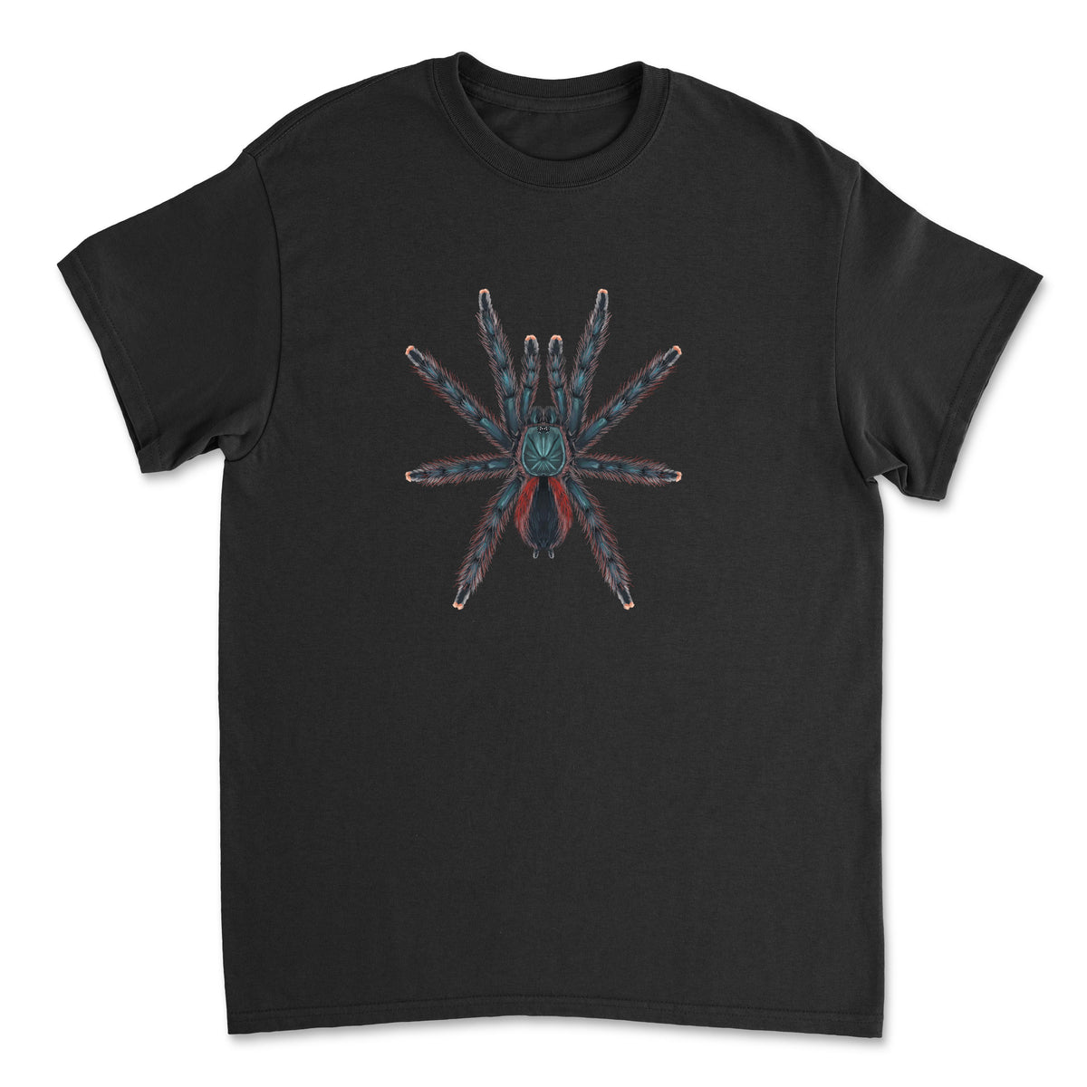 Pinktoe tarantula illustrated on Goliath Pinktoe Tarantula T-shirt by Mingo Art, featuring vibrant spider artwork on a casual T-shirt.
