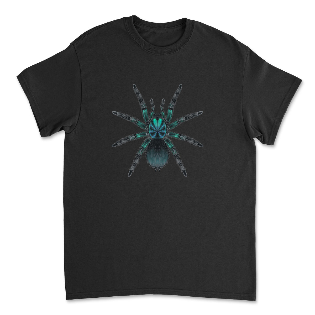 Green Dominican Emerald Tarantula Phormictopus sp. art T-shirt showcasing a detailed illustration of the full green tarantula on a Gildan T-shirt.