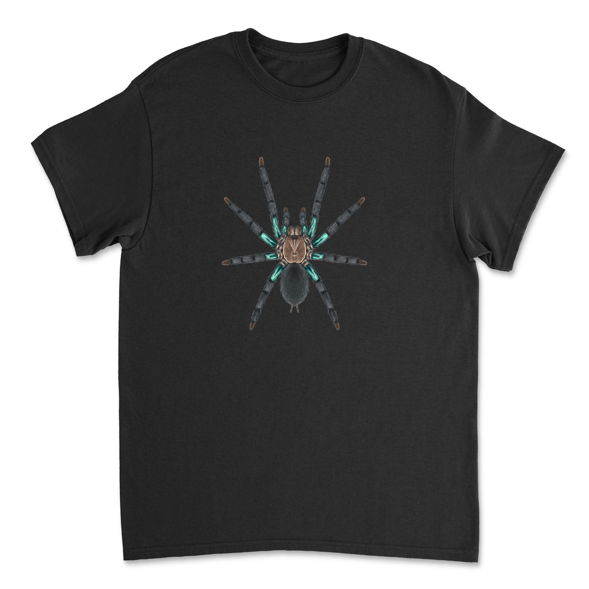 Electric turquoise tarantula Chilobrachys jonitriantisvansickleae art T-shirt by Mingo Art featuring a detailed spider illustration on the front.
