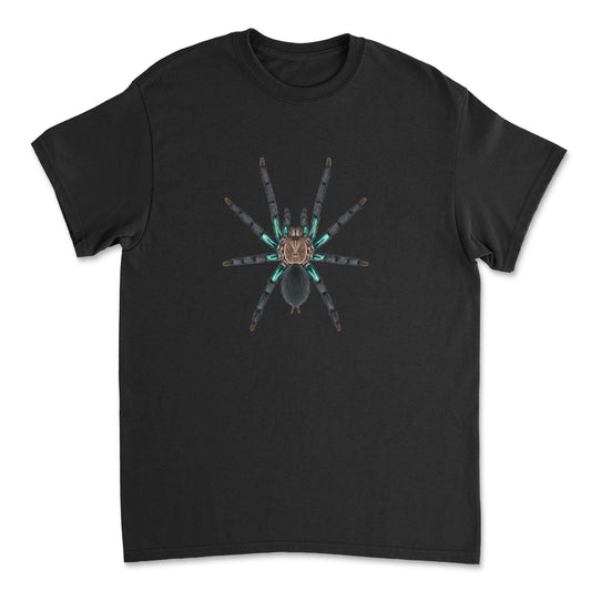 Electric turquoise tarantula Chilobrachys jonitriantisvansickleae art T-shirt by Mingo Art featuring a detailed spider illustration on the front.