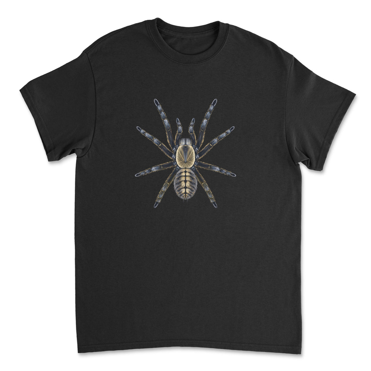 Black graphic T-shirt featuring a detailed Earth Tiger Tarantula (Melopoeus sp. Nhen Dep) illustration by Mingo Art.