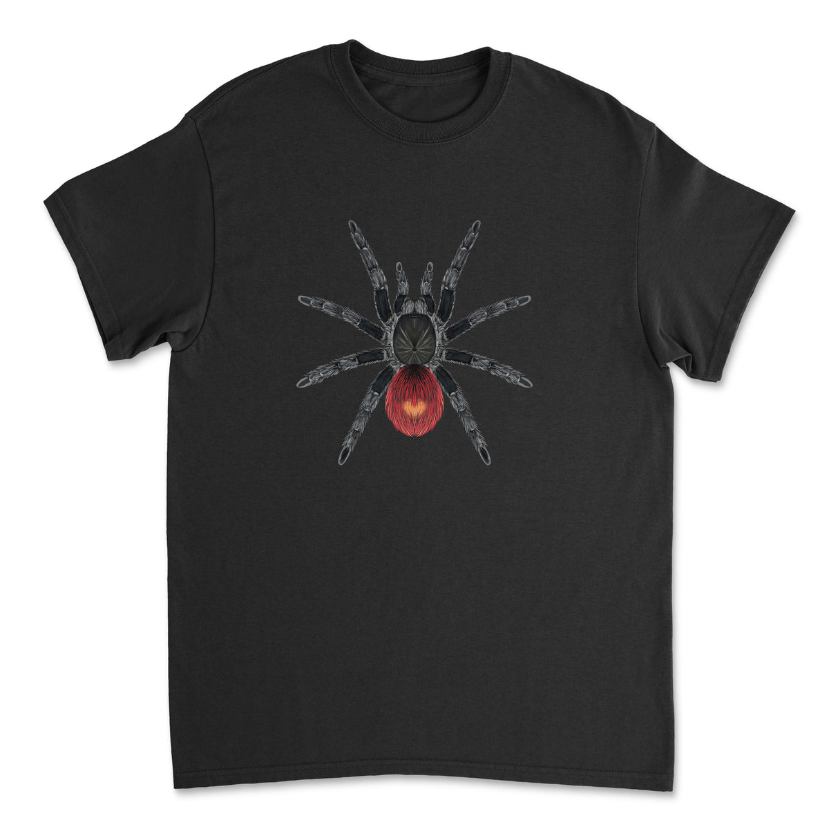 Peruvian Flame Rump Tarantula Thrixopelma ockerti art T-shirt featuring detailed spider illustration on a Gildan T-shirt