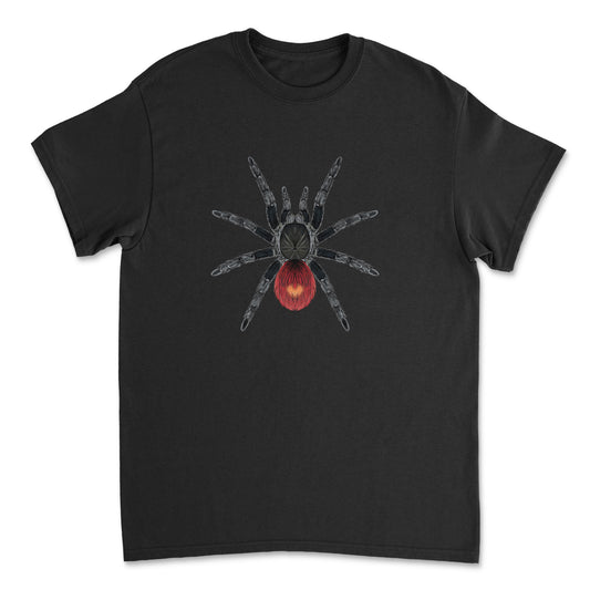 Peruvian Flame Rump Tarantula Thrixopelma ockerti art T-shirt featuring detailed spider illustration on a Gildan T-shirt