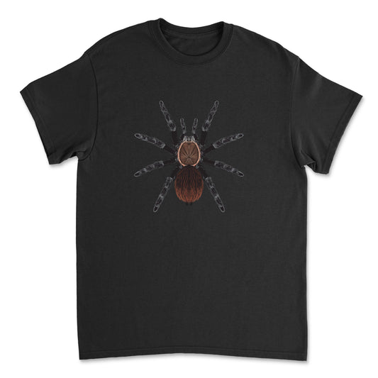 Red Rump Tarantula T-Shirt featuring vibrant artwork of Veracruz Tliltocatl kahlenbergi by Mingo Art on a comfortable Gildan tee.