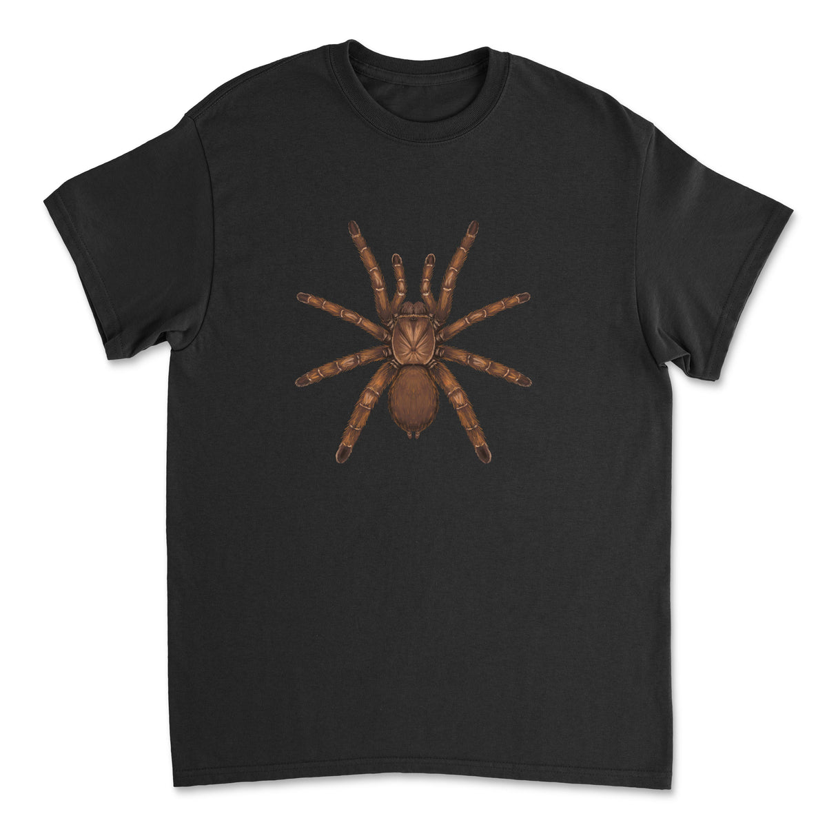 Gildan G5000 beige T-shirt featuring detailed artwork of a King Baboon Tarantula (Pelinobius muticus) spider design.