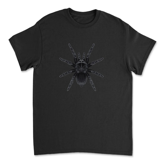 Black T-shirt featuring a detailed illustration of a Stout Femur Birdeater tarantula (Pamphobeteus crassifemur) by Mingo Art.