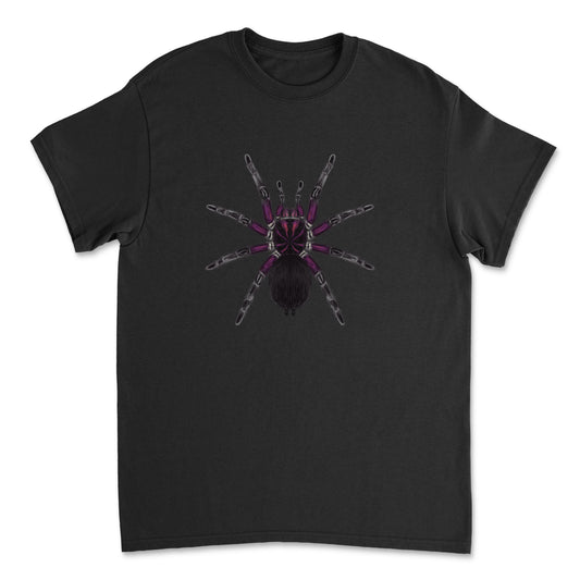 Pink neon Birdeater tarantula art T-shirt featuring a detailed illustration of Phormictopus sp. Bayahibe on a Gildan tee.