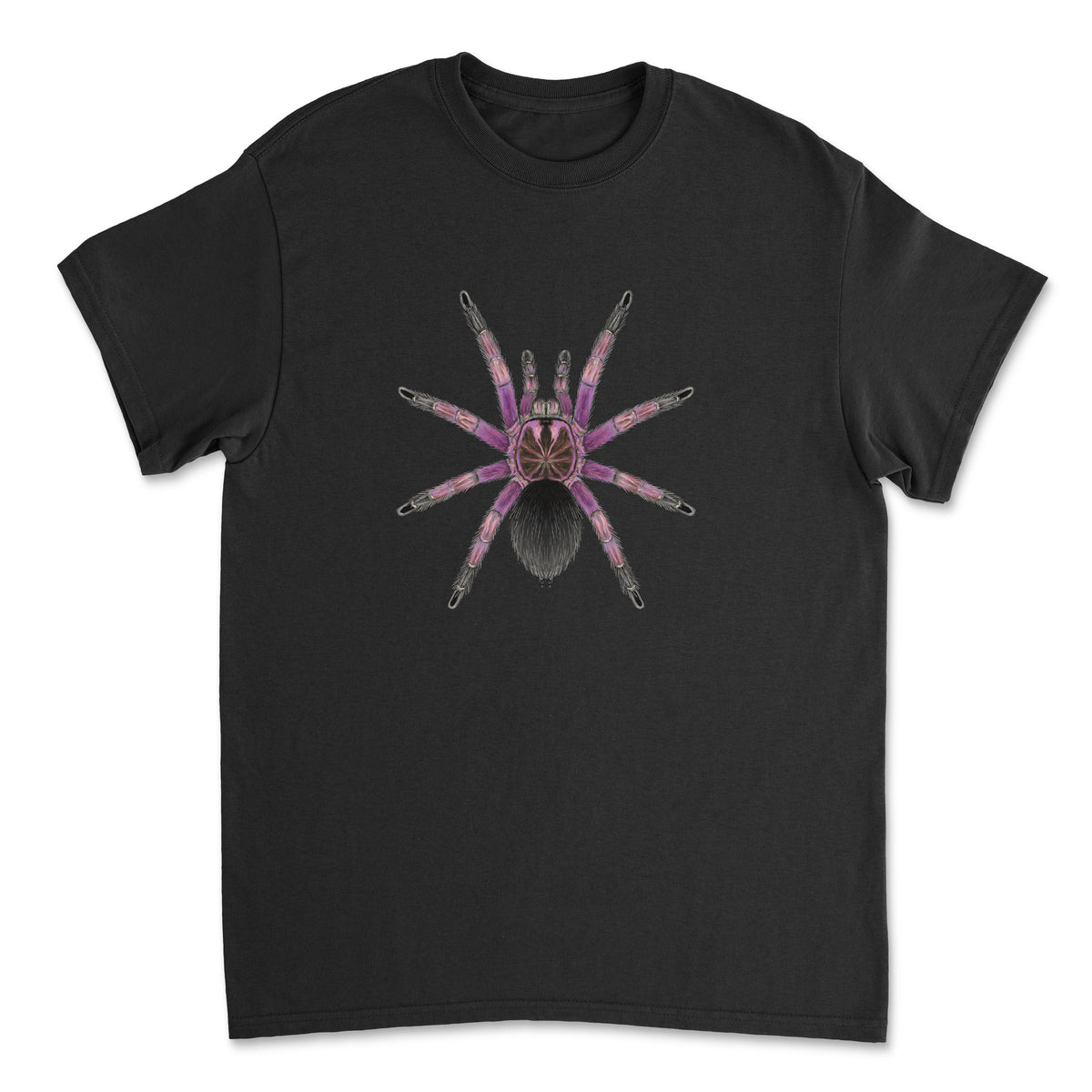 Gildan G5000 front view T-shirt featuring detailed artwork of a Mascara Birdeater Tarantula (Pamphobeteus sp.) by Mingo Art.