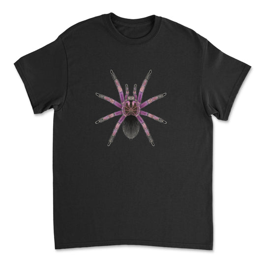 Gildan G5000 front view T-shirt featuring detailed artwork of a Mascara Birdeater Tarantula (Pamphobeteus sp.) by Mingo Art.