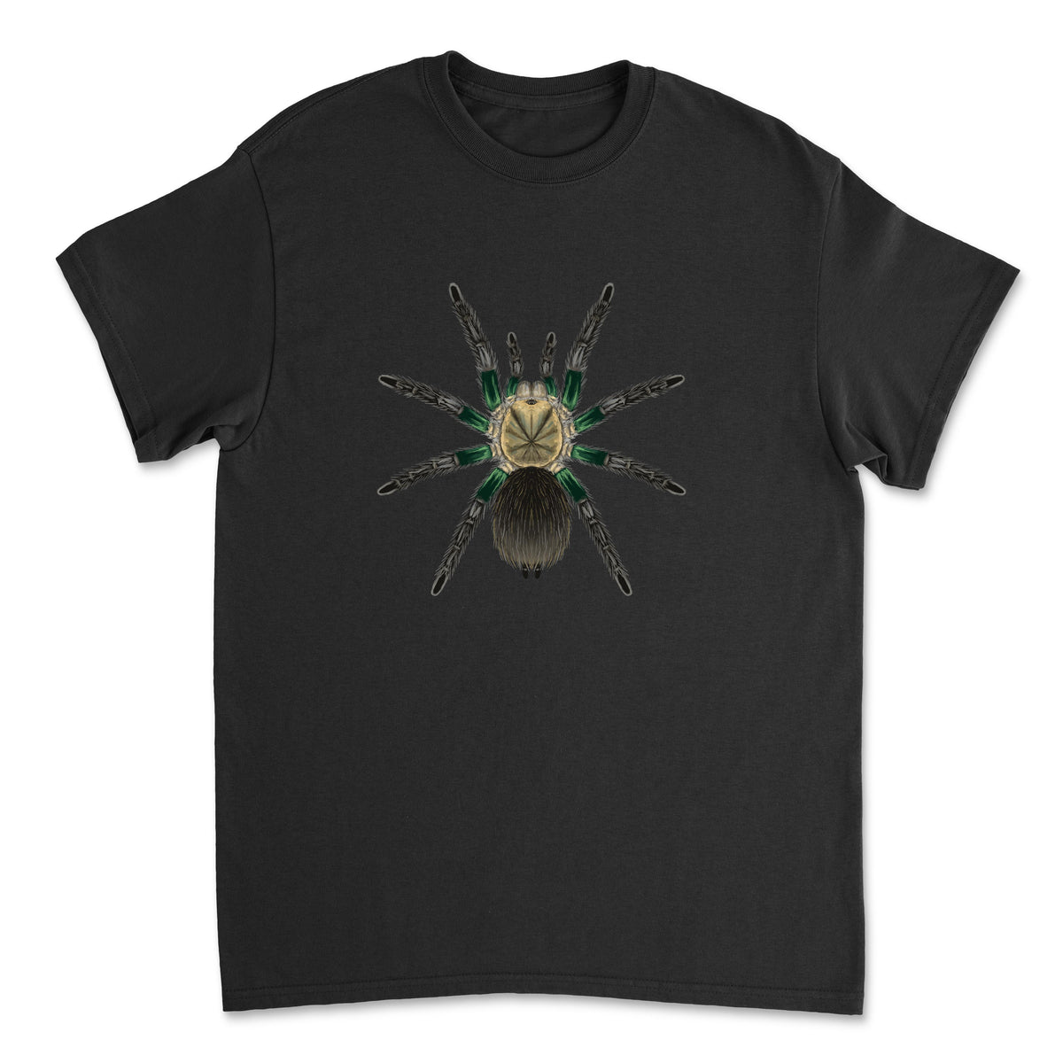 Green Femur Birdeater Tarantula art T-shirt featuring detailed illustration of Phormictopus sp. tarantula on a Gildan front view.