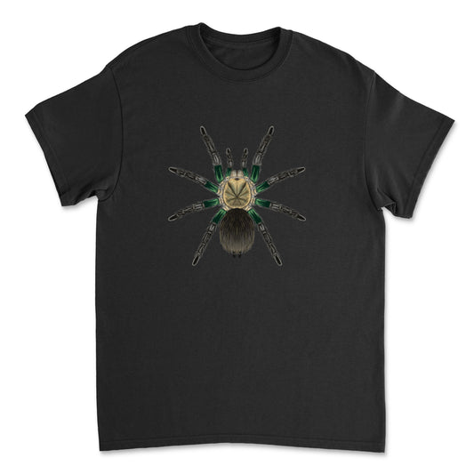Green Femur Birdeater Tarantula art T-shirt featuring detailed illustration of Phormictopus sp. tarantula on a Gildan front view.