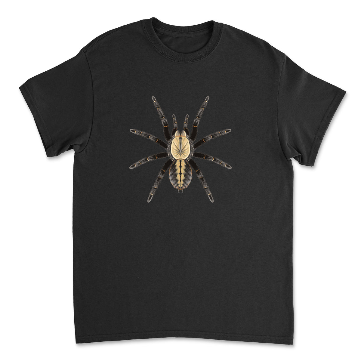 Gildan G5000 front view of Bach Ma Earth Tiger Tarantula T-Shirt by Mingo Art featuring a detailed tarantula illustration.