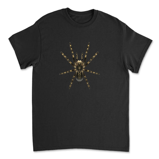 Highland Ivory Ornamental Tarantula T-shirt by Mingo Art featuring detailed illustration of Poecilotheria subfusca on a white background