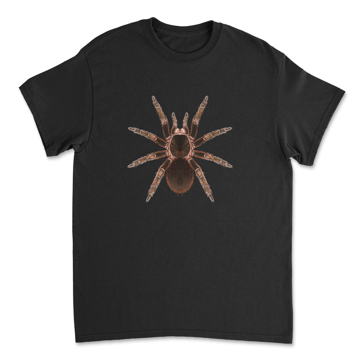 Black T-shirt featuring a detailed illustration of a Cuban Birdeater Tarantula (Phormictopus cautus) by Mingo Art.