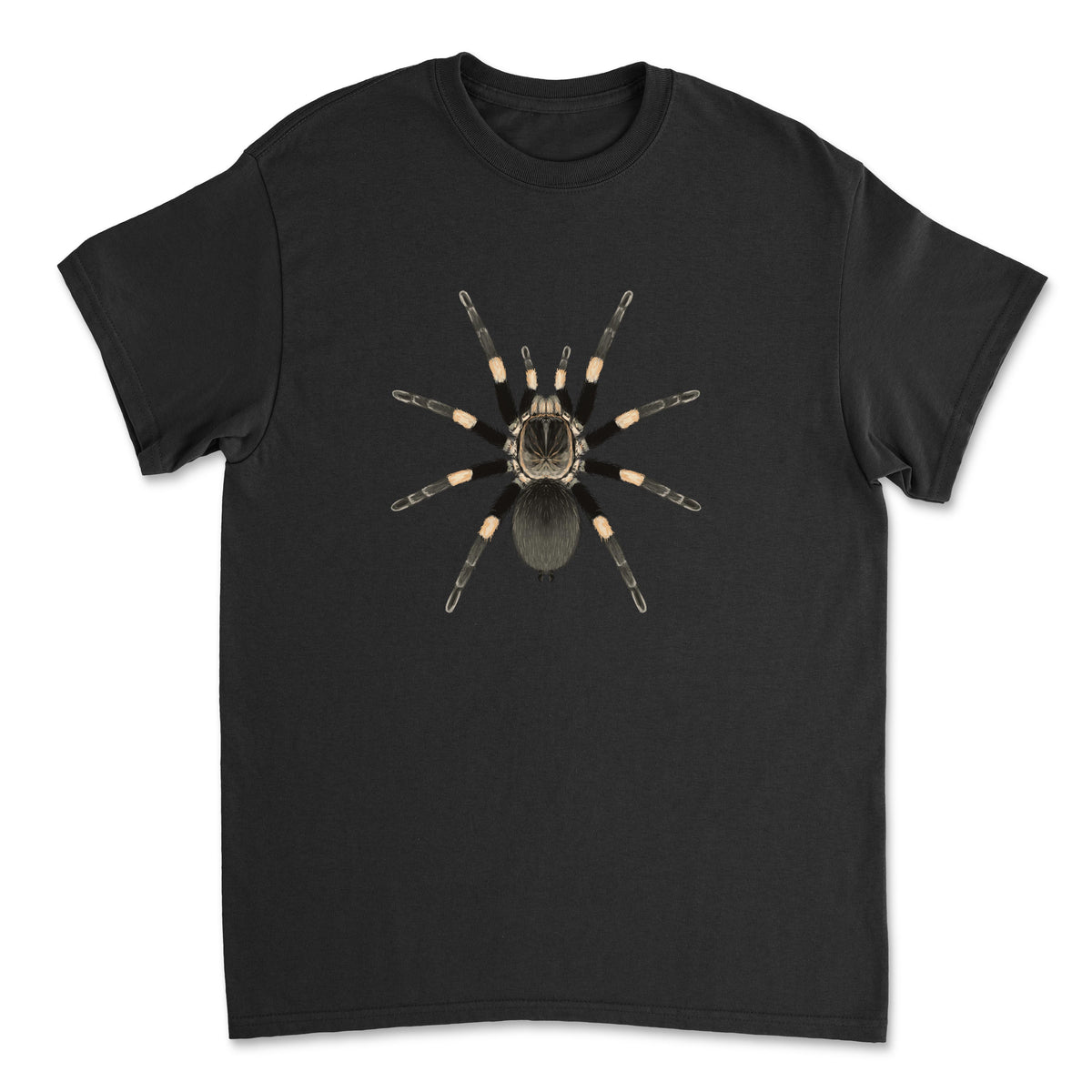 Himalayan Earth Tiger Tarantula Haplocosmia himalayana art T-shirt in front view, featuring detailed spider illustration on a Gildan T-shirt.