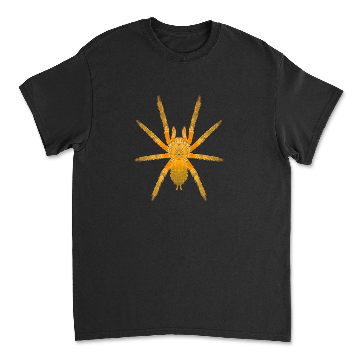 Thailand Orangesickle Tarantula art T-shirt featuring a vibrant orange tarantula illustration on a white Gildan T-shirt.