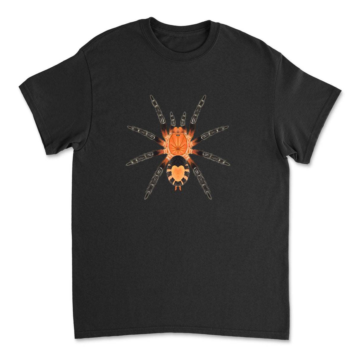 White Gildan T-shirt featuring a colorful illustration of a Bolivian Dwarf Beauty Tarantula (Cyriocosmus perezmilesi) by Mingo Art.