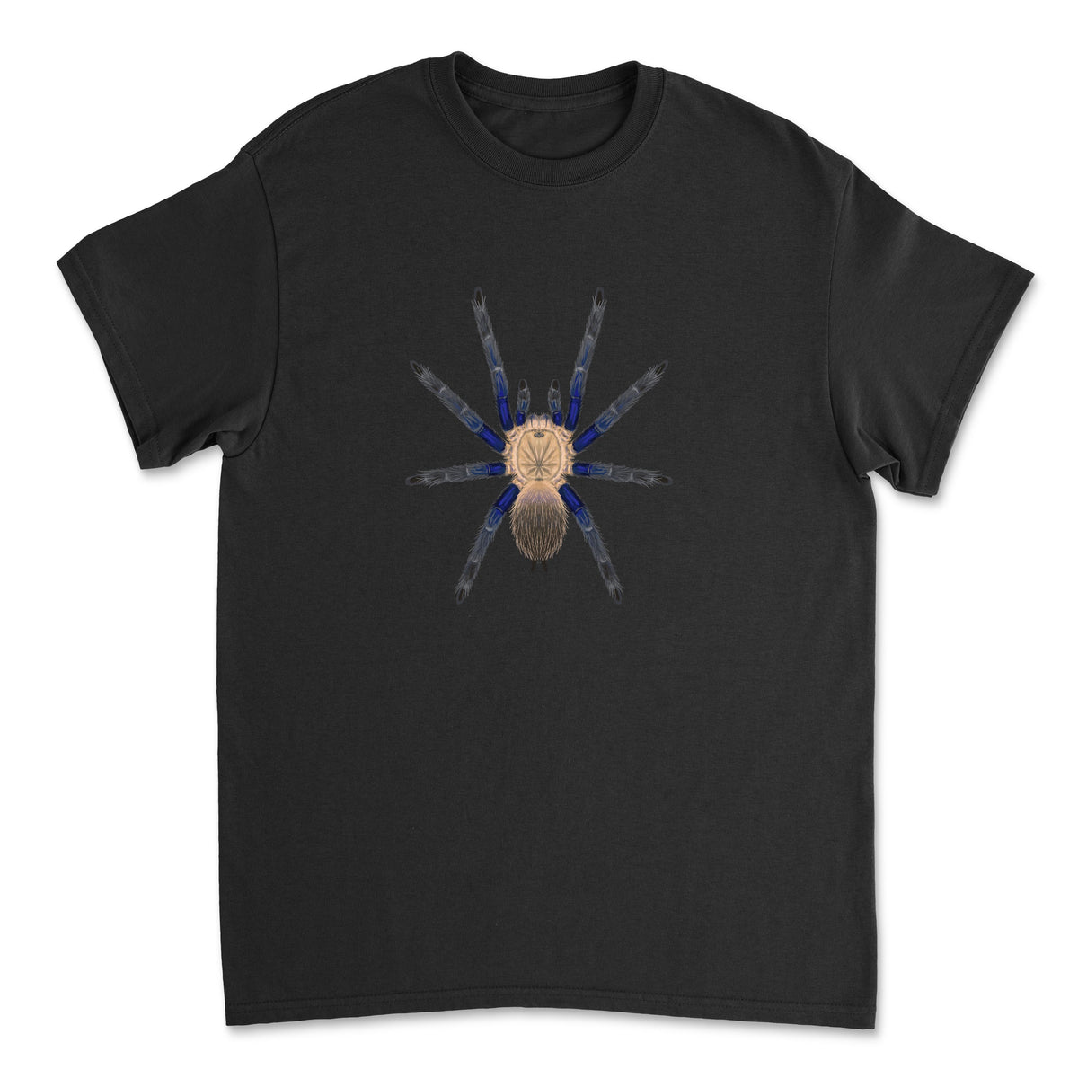 Blue Dream Tarantula Chilobrachys sp. South Thailand Blue T-Shirt by Mingo Art, featuring detailed spider illustration on front.