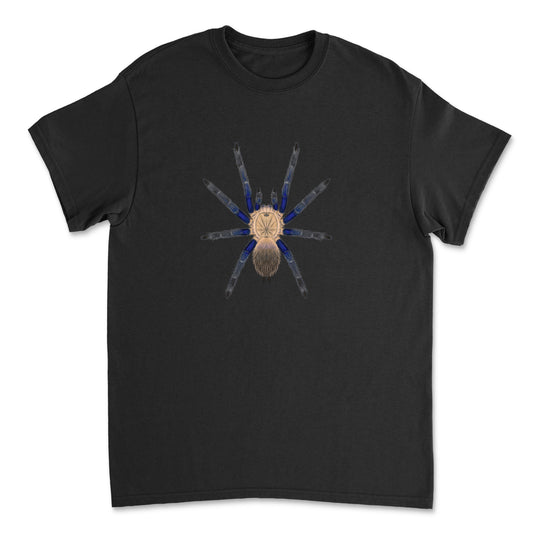 Blue Dream Tarantula Chilobrachys sp. South Thailand Blue T-Shirt by Mingo Art, featuring detailed spider illustration on front.