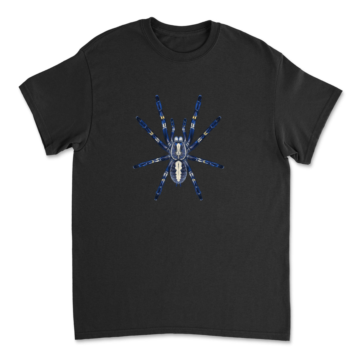Gooty Sapphire Tarantula (Poecilotheria metallica) art on black Mingo Art T-shirt, showing detailed spider illustration on front.