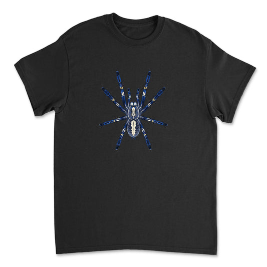 Gooty Sapphire Tarantula (Poecilotheria metallica) art on black Mingo Art T-shirt, showing detailed spider illustration on front.