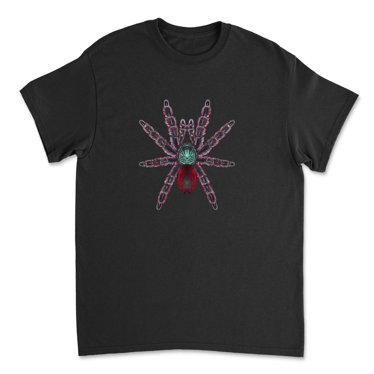 Pinktoe tarantula art T-shirt featuring a colorful Caribena versicolor spider design on a Gildan shirt.