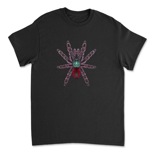 Pinktoe tarantula art T-shirt featuring a colorful Caribena versicolor spider design on a Gildan shirt.