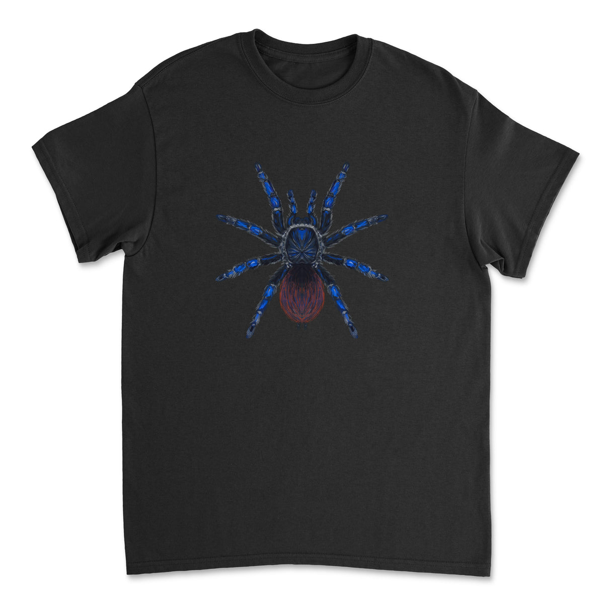 Brazilian Blue Tarantula art T-shirt by Mingo Art featuring a detailed illustration of a blue tarantula on a black cotton T-shirt.