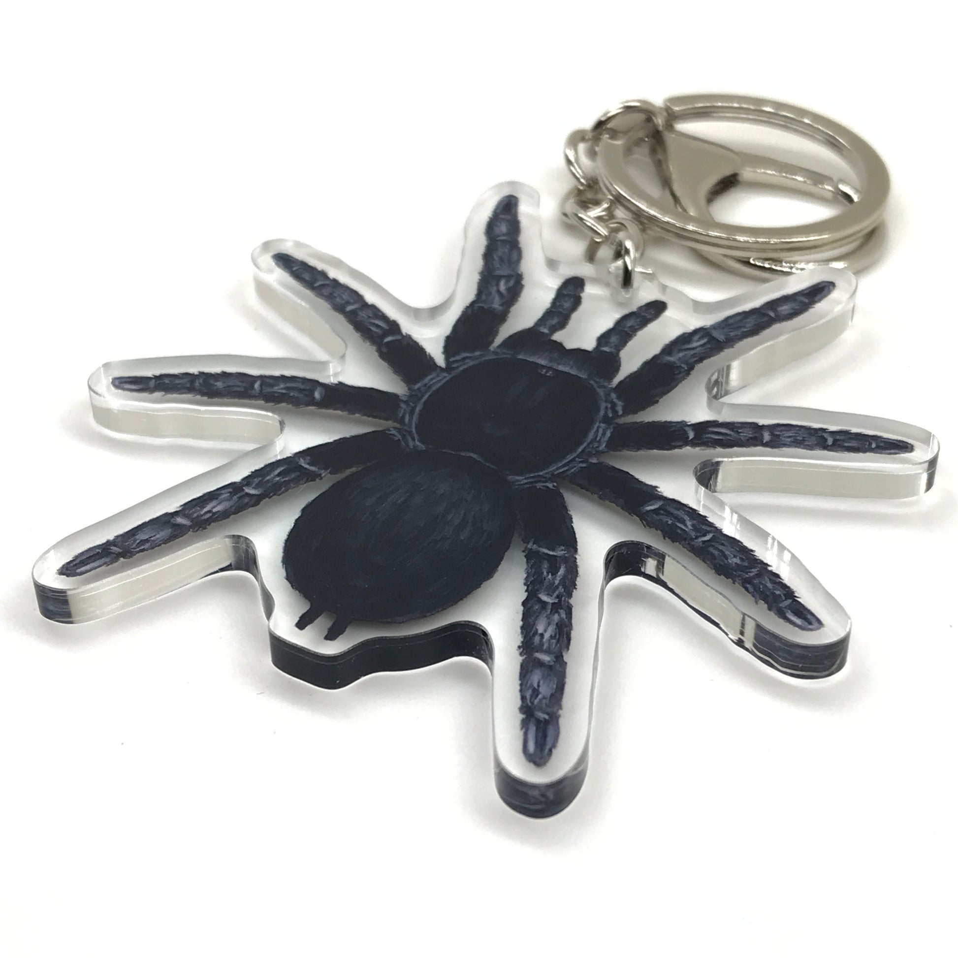 Brazilian Black Tarantula keychain featuring Grammostola pulchra acrylic charm with realistic spider details.