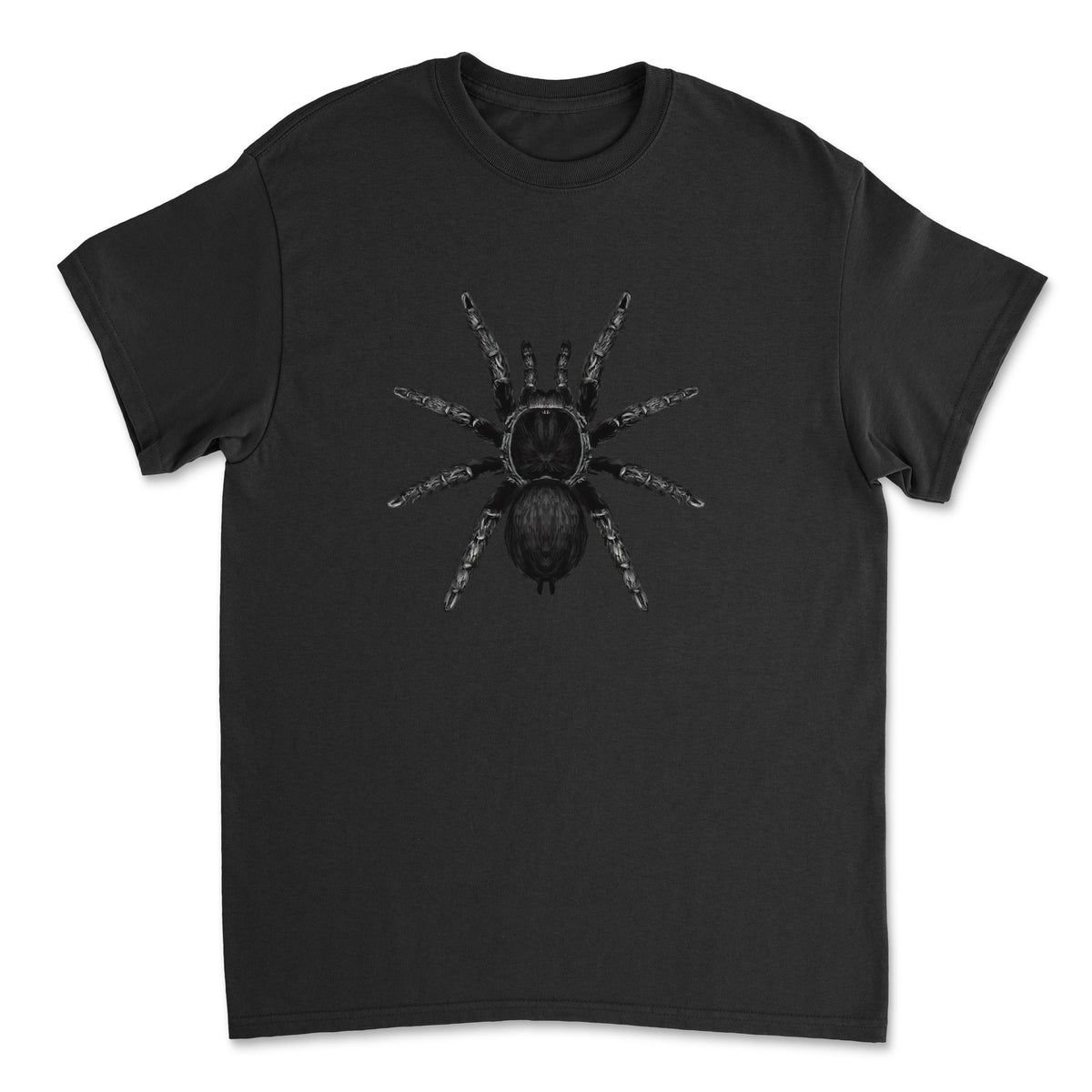 Black tarantula illustration on a Mingo Art Brazilian Black Tarantula T-shirt, featuring detailed spider artwork on a white fabric.