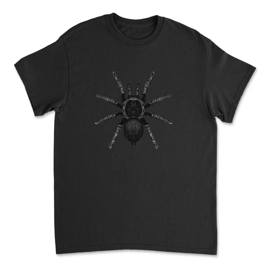 Black tarantula illustration on a Mingo Art Brazilian Black Tarantula T-shirt, featuring detailed spider artwork on a white fabric.
