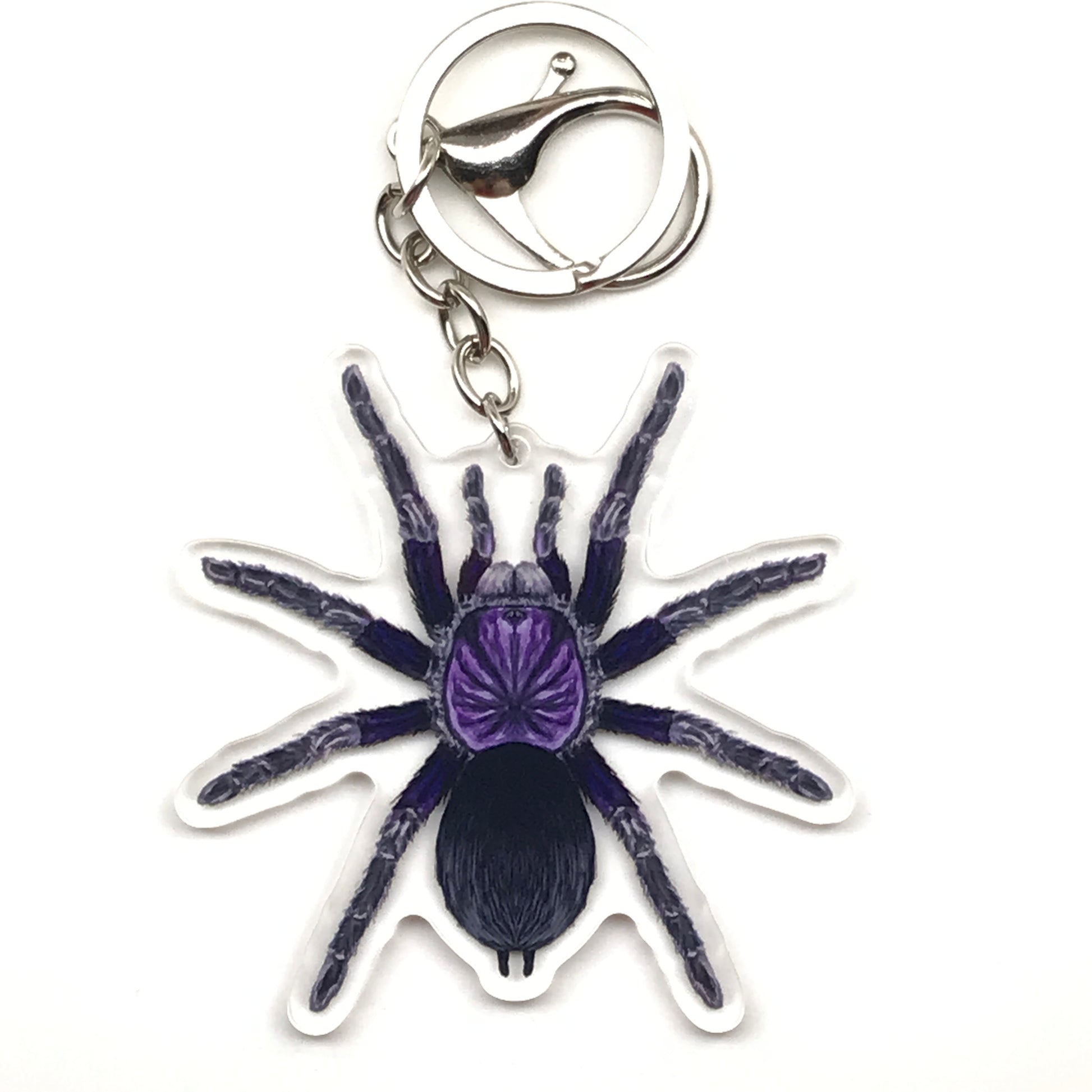 Dominican Purple Tarantula Phormictopus acrylic keychain charm with detailed purple spider design on a clear background