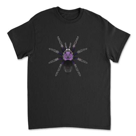 Black T-shirt featuring a detailed illustration of a Dominican Purple Tarantula (Phormictopus sp.) in purple and black tones.