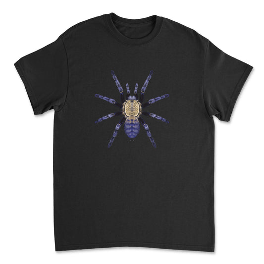 Purple Earth Tiger Tarantula art T-shirt by Mingo Art featuring a detailed illustration of a Phormingochilus sp. Hati Hati tarantula.