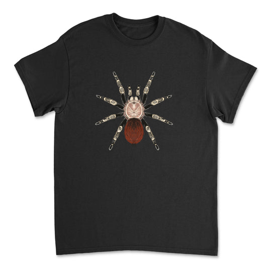 Brazilian Red and White Tarantula art T-shirt featuring a vibrant tarantula design on a casual Mingo Art t-shirt.