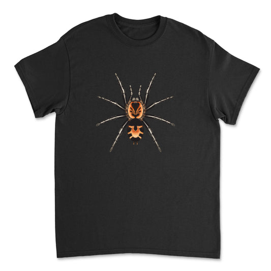 Colombian Dwarf Tarantula Cyriocosmus leetzi art T-shirt featuring detailed spider illustration on a black Gildan shirt.