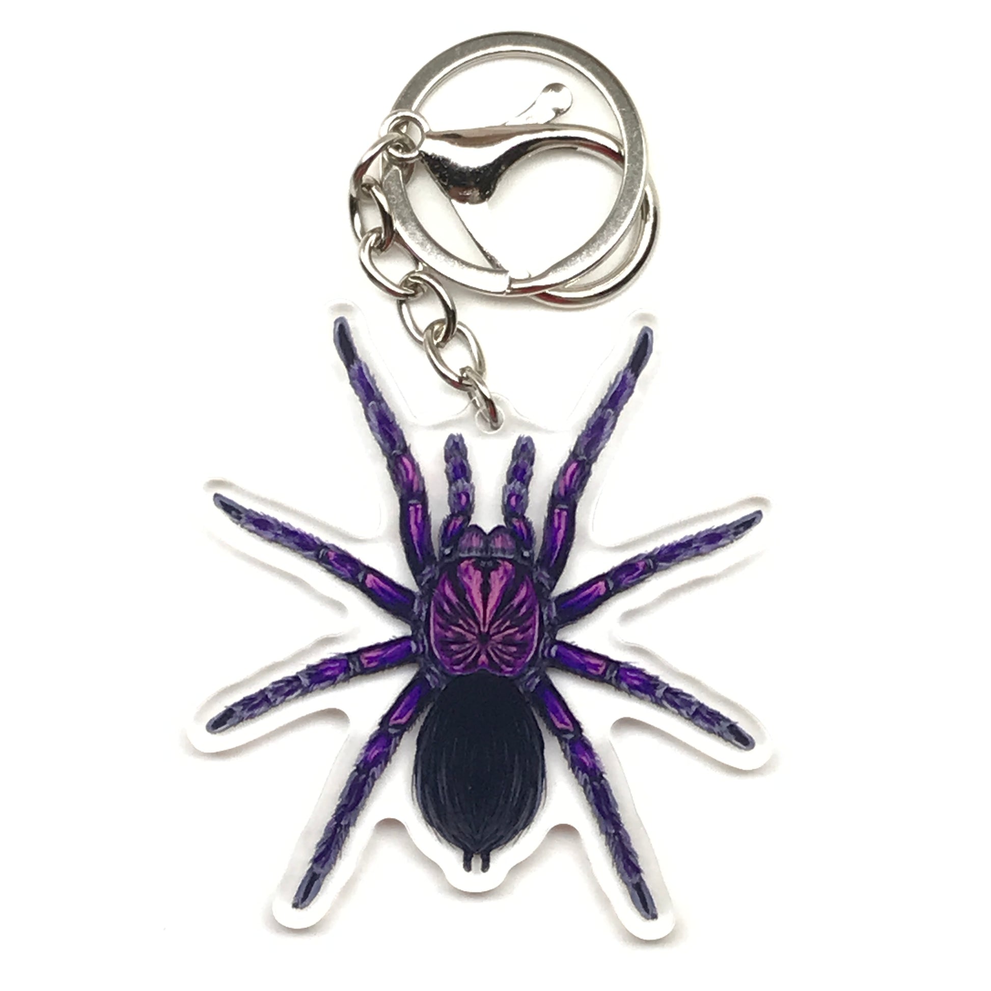 Purple Bloom Tarantula keychain featuring Pamphobeteus sp. Machala acrylic charm from The Silk Ranch.