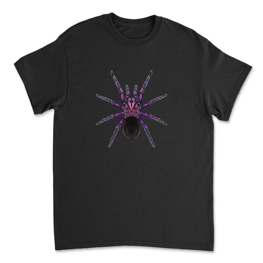 Purple Bloom Tarantula art T-shirt featuring a detailed illustration of Pamphobeteus sp. Machala on a Gildan shirt.