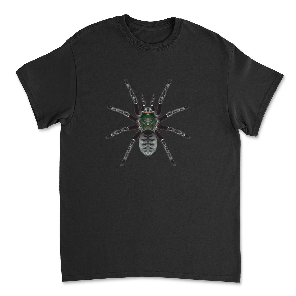Green and black Emerald Shadow Tree Tarantula T-shirt featuring detailed spider artwork on a Mingo Art T-shirt.