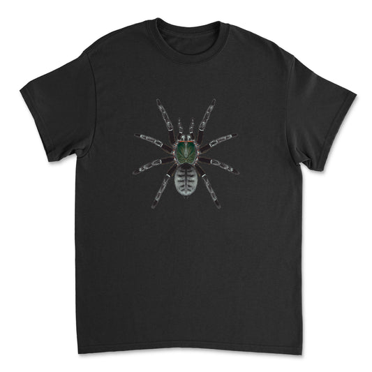 Green and black Emerald Shadow Tree Tarantula T-shirt featuring detailed spider artwork on a Mingo Art T-shirt.