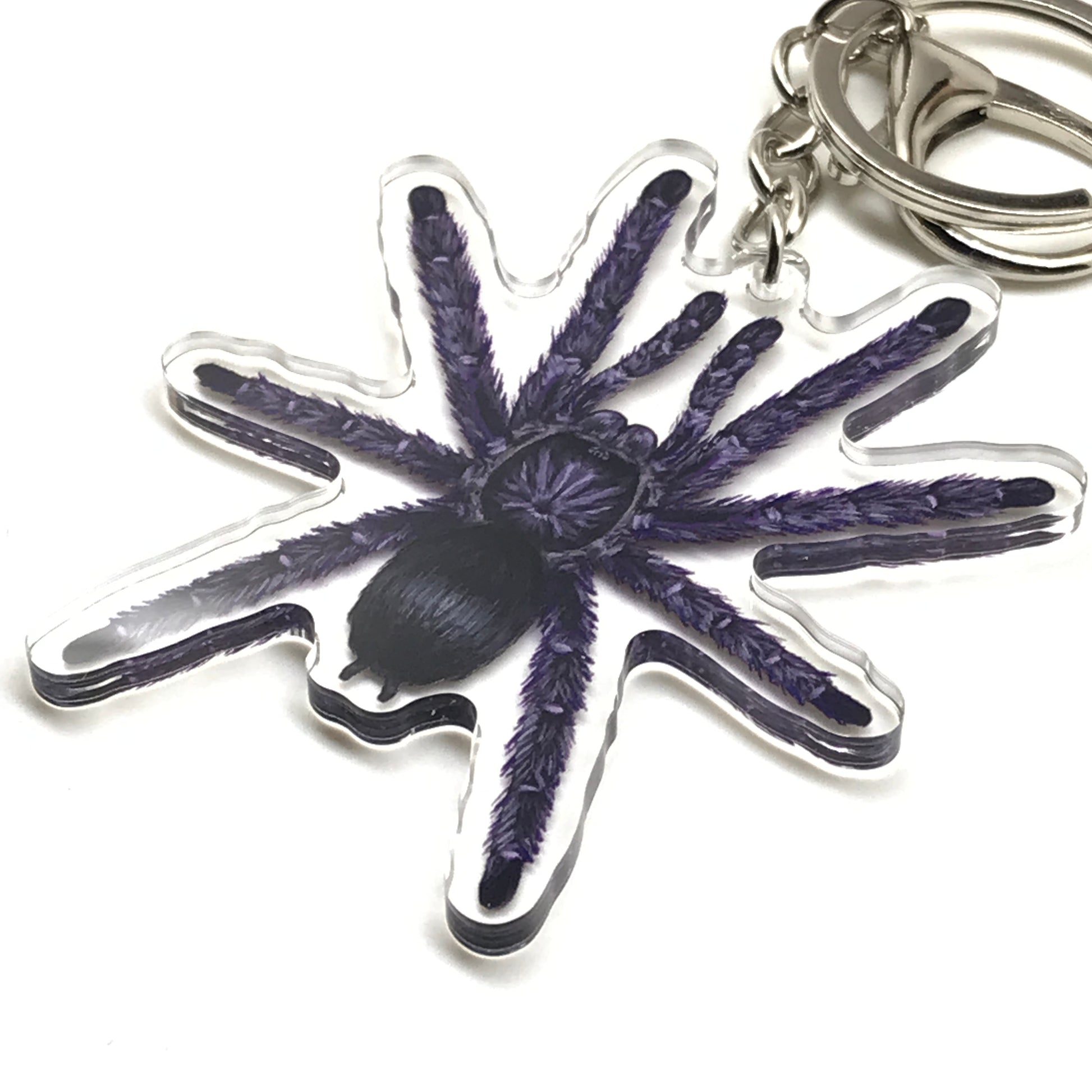 Purple Pinktoe Tarantula keychain acrylic charm featuring Avicularia purpurea, showcasing vibrant purple and pink tones.