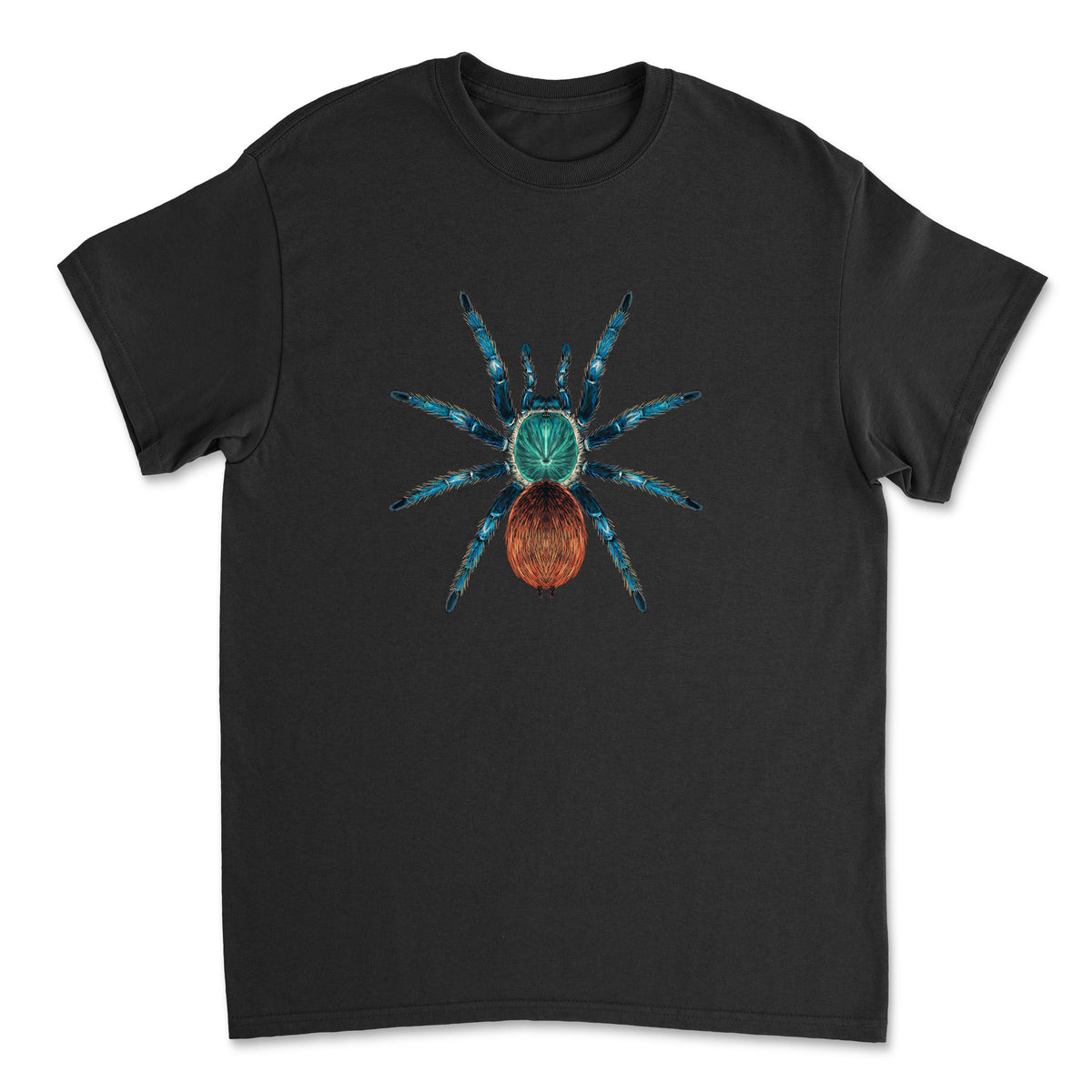 Green Bottle Blue Tarantula art T-shirt featuring colorful tarantula illustration on a Gildan T-shirt by Mingo Art