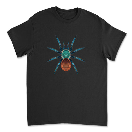 Green Bottle Blue Tarantula art T-shirt featuring colorful tarantula illustration on a Gildan T-shirt by Mingo Art
