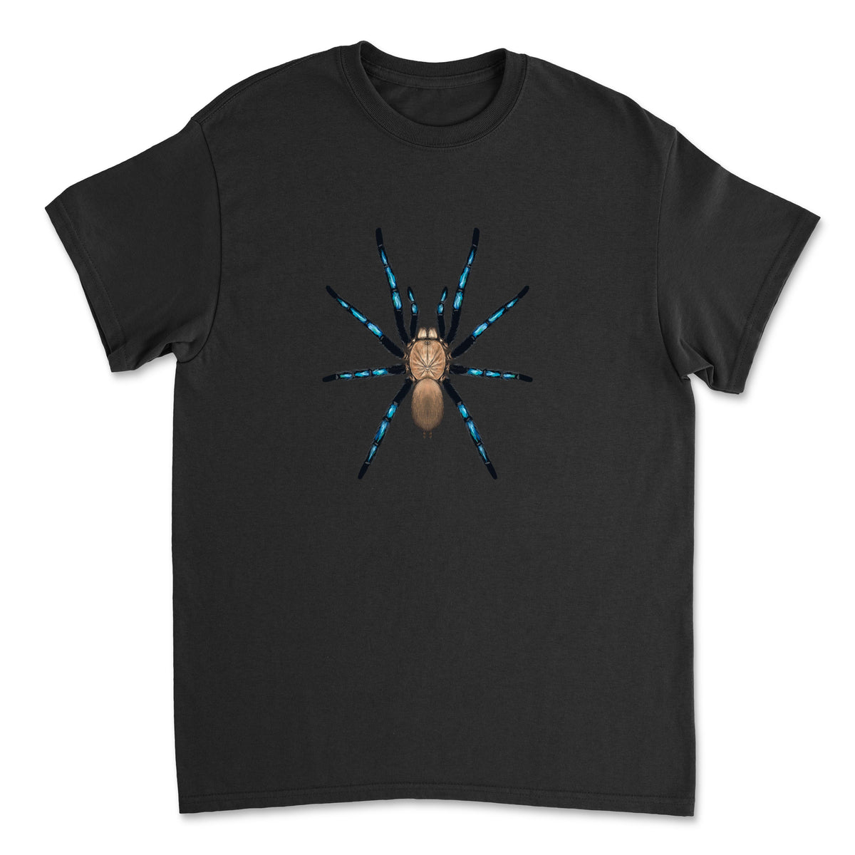 Bornean Neon Blue Leg Tarantula Birupes simoroxigorum art T-shirt by Mingo Art, featuring a detailed tarantula illustration on the front.