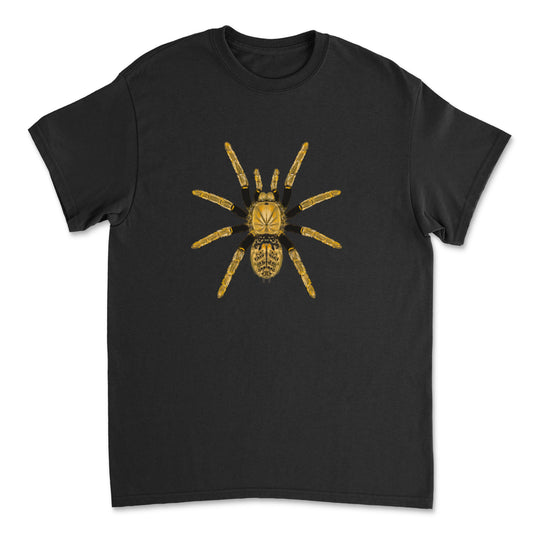 Black and olive Tanzanian tarantula Encyocratella olivacea T-shirt by Mingo Art, featuring detailed spider illustration on front.
