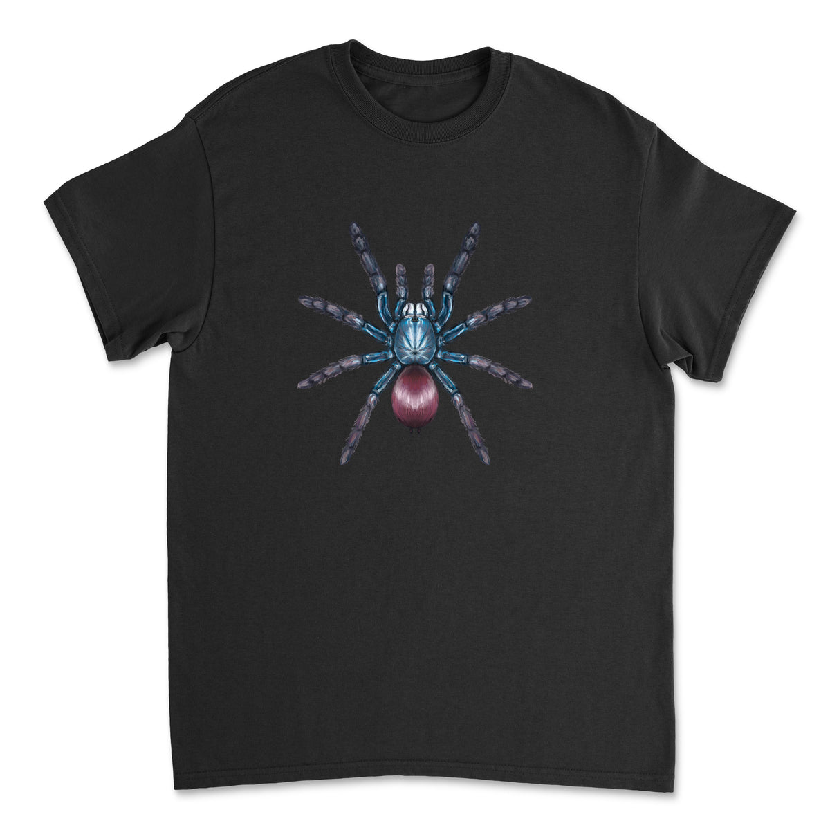 Indian Rainbow Tarantula art T-shirt by Mingo Art, featuring colorful tarantula illustration on a casual cotton T-shirt.