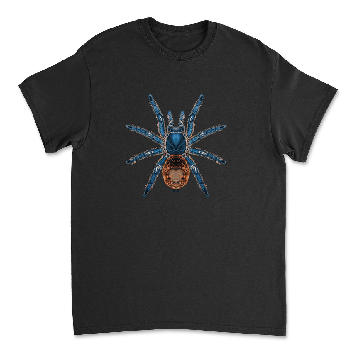 Cobalt Red Rump Tarantula (Ewok cyaneolum) art T-shirt featuring detailed spider illustration on a black Gildan T-shirt.