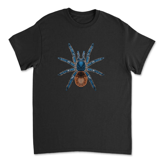 Cobalt Red Rump Tarantula (Ewok cyaneolum) art T-shirt featuring detailed spider illustration on a black Gildan T-shirt.